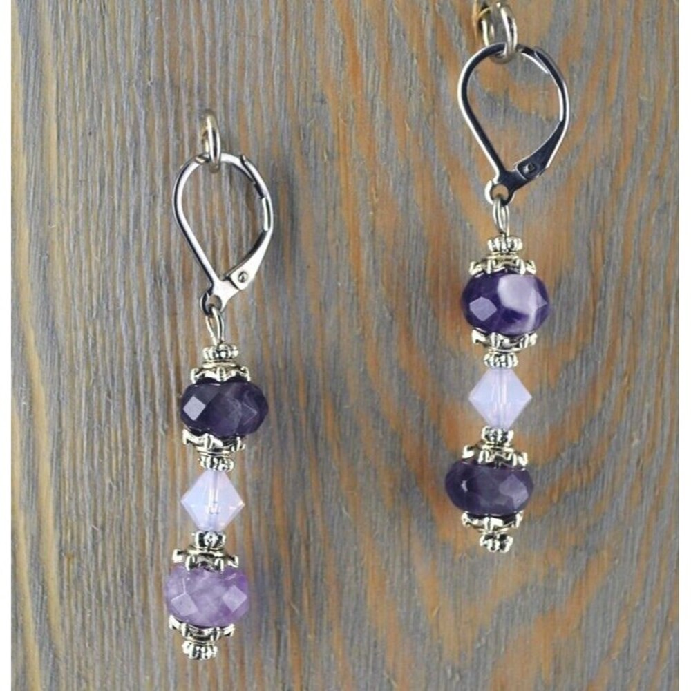 Natural Amethyst and Swarovski Crystal Necklace & Earrings Faceted Graduating - Picture 2 of 3